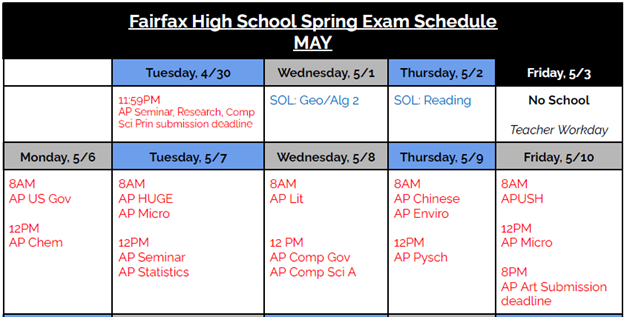 Spring exam schedule