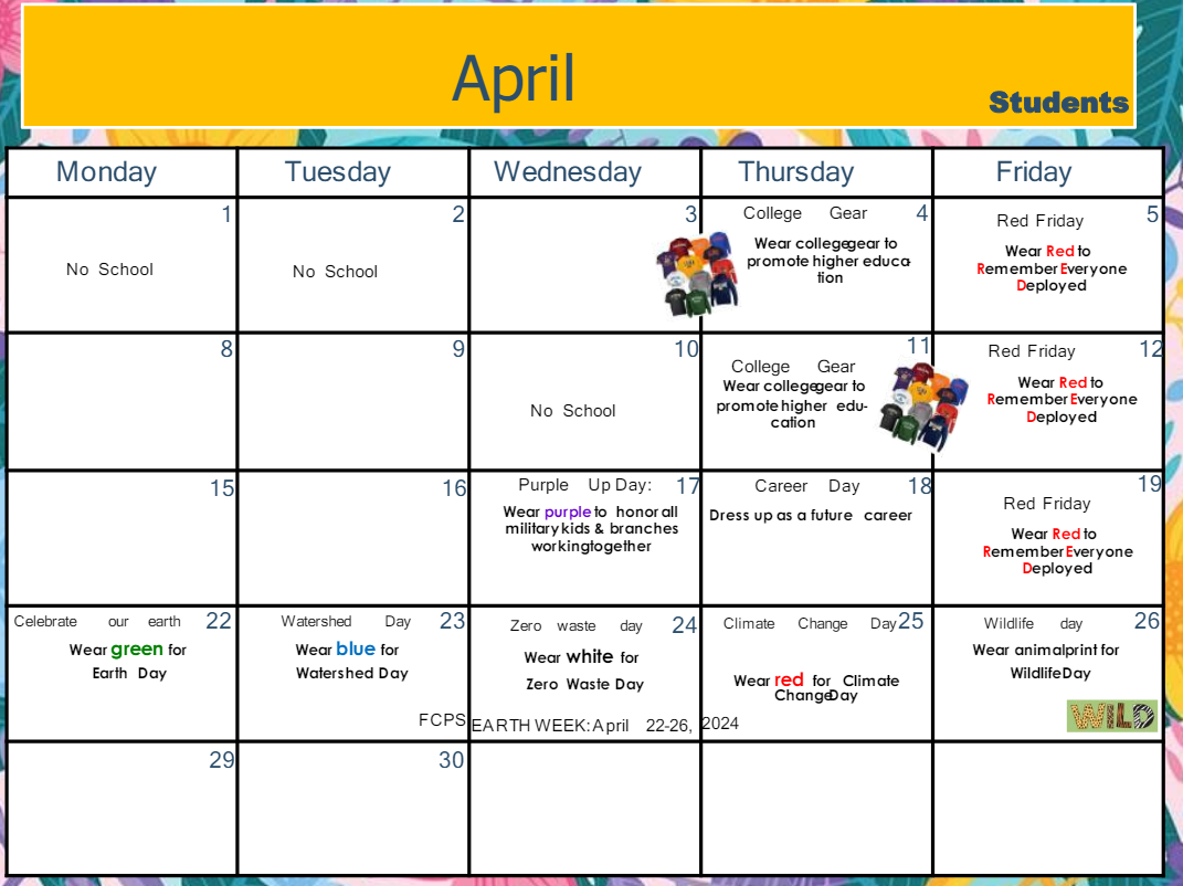 april student calendar English