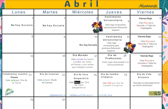 april student calendar spanish