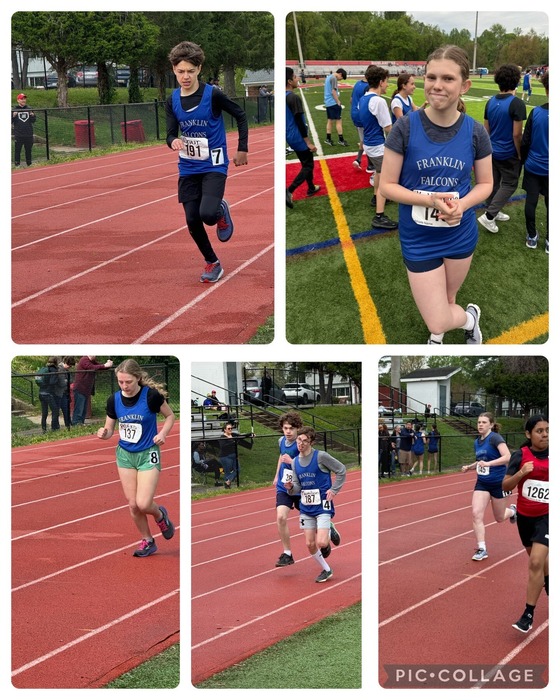 Collage of five pictures showing students running a track meet