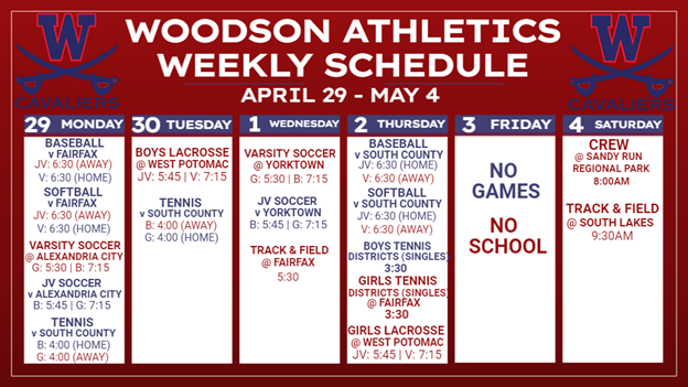Athletic Schedule Week of April 29th