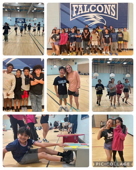 PE Fitness Test - collage of students standing and smiling, running, and stretching