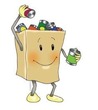 A cartoon grocery bag holds canned goods.