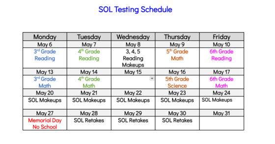 Here is a calendar showing the SOL Testing Dates