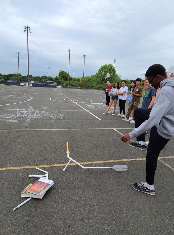 Chemistry students testing out their stomp rockets
