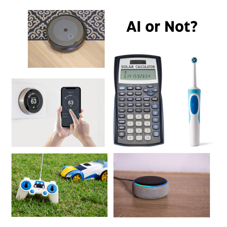 iRobot vacuum, smart thermostat, calculator, electric toothbrush, remote control car, and smart speaker