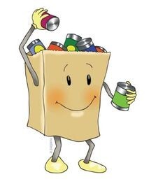 A cartoon paper grocery bag smiles and holds canned goods.