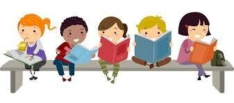 Graphic of children sitting on a bench with books