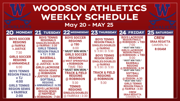 Athletic Schedule week of May 20th