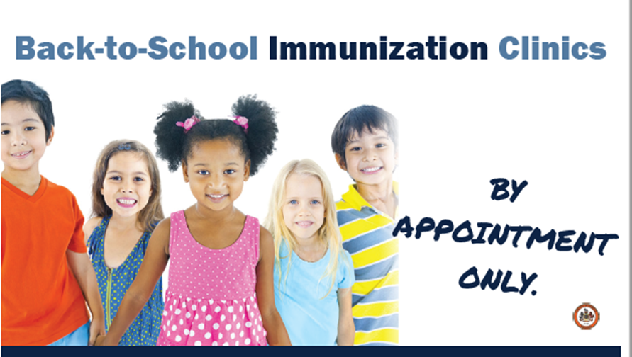 graphic of children with text saying "Back-to-School Immunization Clinics" and "by appointment only'