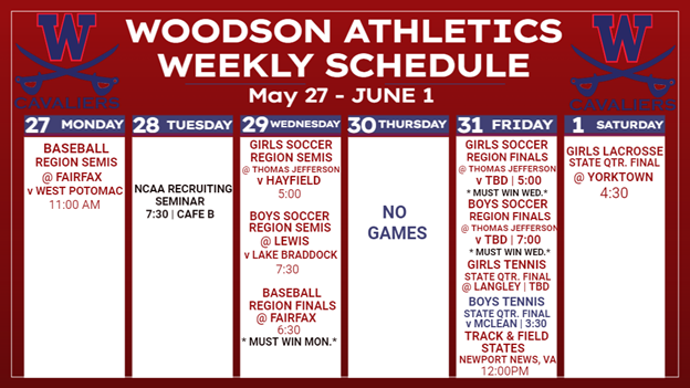 Athletic Calendar for the week of May 27th