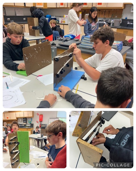 three pictures of students designing a marble run in a science lab
