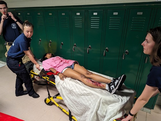 Student on a stretcher at the "mass casualty event"