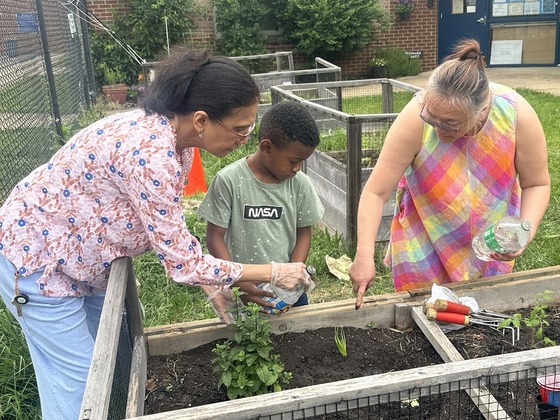 Teachers help a student plant a garden box