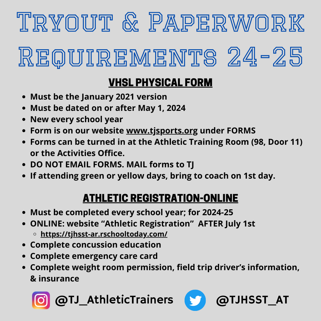 Tryout and paperwork requirements to play sports at TJ 2024-25