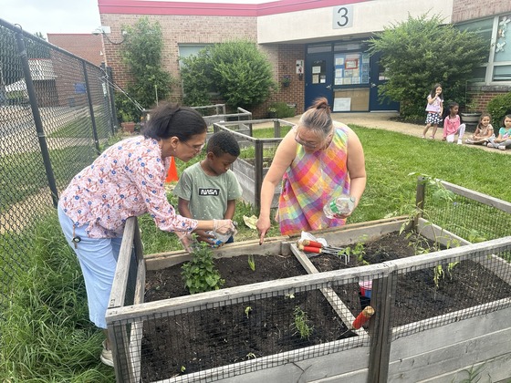 Teachers help a student plant a garden