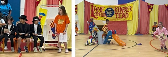 Students performing in the Kindergarten Circus - ringmasters and clowns