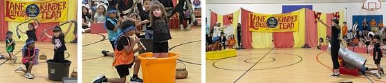 Students performing in the Kindergarten Circus - snake charmers and human cannonball