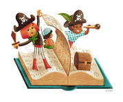 Graphic of child pirates appearing out of book