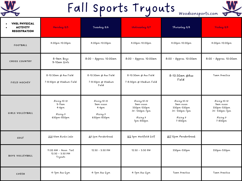 Fall Athletic Tryout Schedules