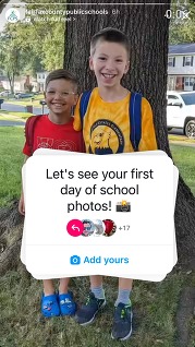 A screenshot of an instagram reel asking for families to share first day photos