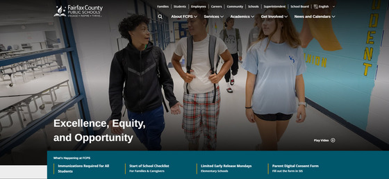 FCPS new website with several students walking together in hallway