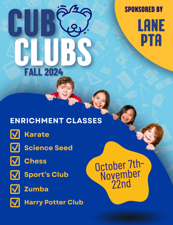 Flyer for Cub Clubs afterschool programs - registration starts  Wednesday