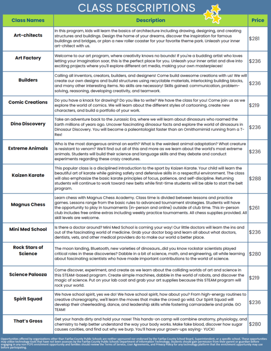 Fall Enrichment Descriptions and Pricing