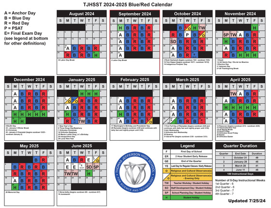 An image of TJ's 2024-25 Anchor/Blue/Red Day Calendar