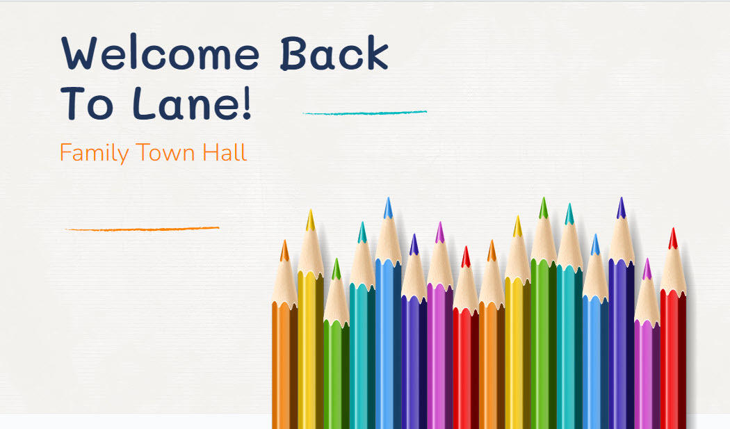 Colored pencils on a flyer for virtual family Town Hall, Tuesday, August 13th at 6:30 p.m.