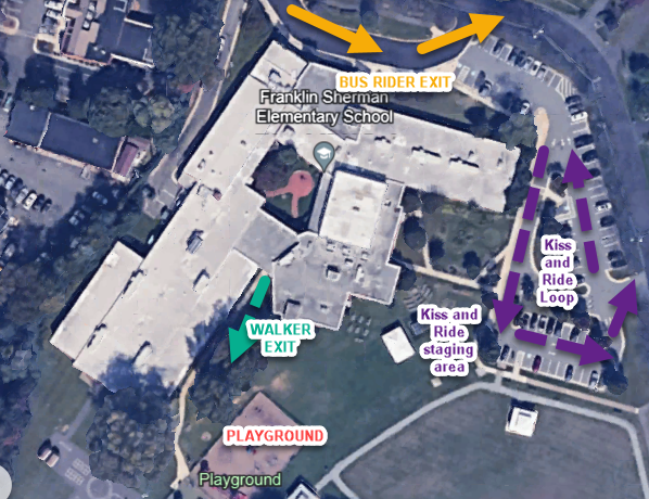 Dismissal map showing bus loop, kiss and ride path, and walkers exit.