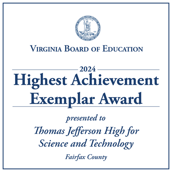 Banner saying that TJ has won the Exemplar Award from VA Board of Education