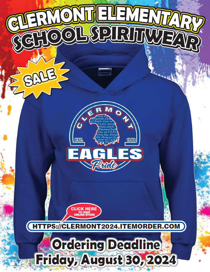 An advertisement for Clermont spiritwear, featuring a blue Clermont hoodie. 