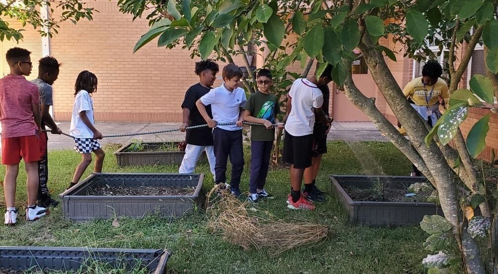 Students working in the school garden's raised beds