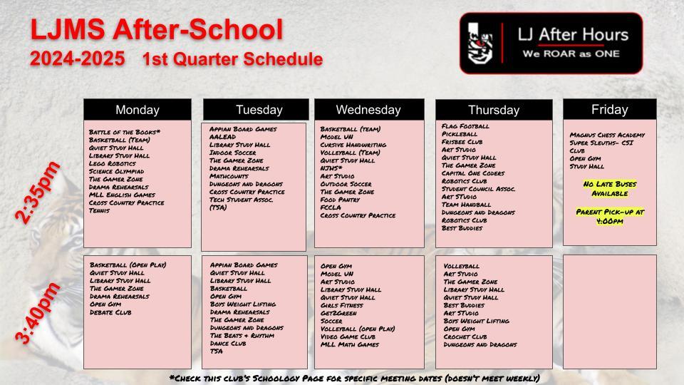 after school activity schedule