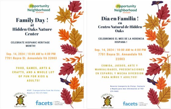 Family Day at Hidden Oaksy Nature Center. Sep 14 from 10-4