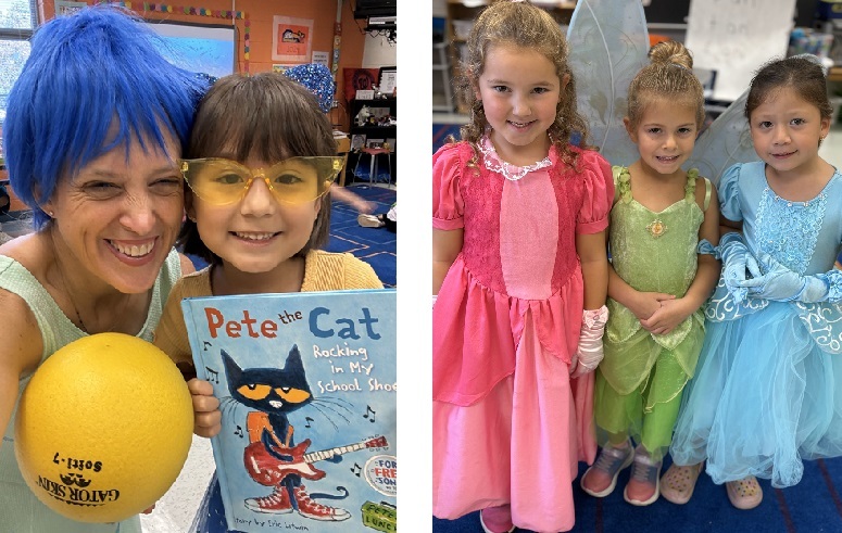 student dressed as Pete the Cat with teacher dressed as Joy from Inside Out and students dressed as princesses