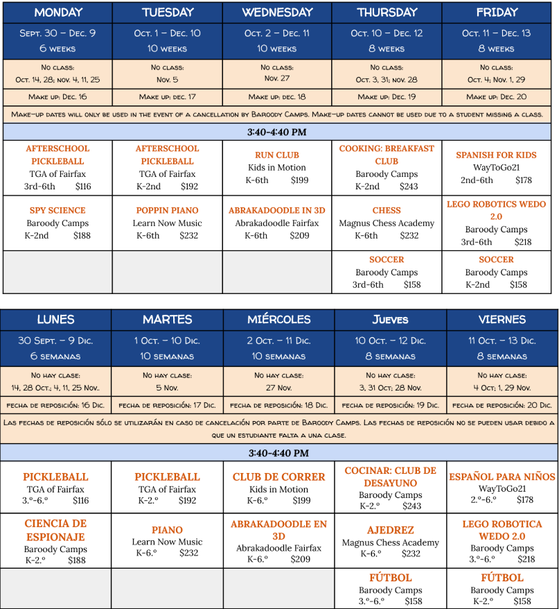 PTA Fall Enrichment Schedule