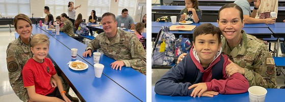 Military families having breakfast at school