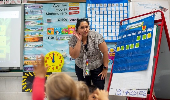 teacher at the front of her classroom teaching