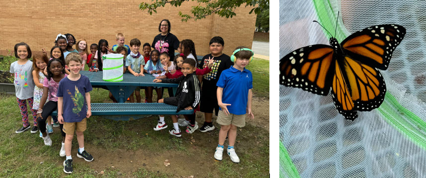 2nd graders in the garden at the picnic table getting ready to release their monarch butterflies