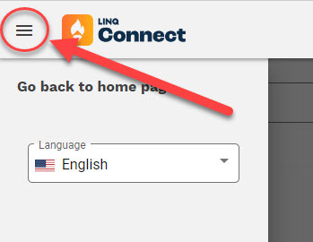 screenshot of where to click in LINQ Connect to change the language; steps described in adjacent text