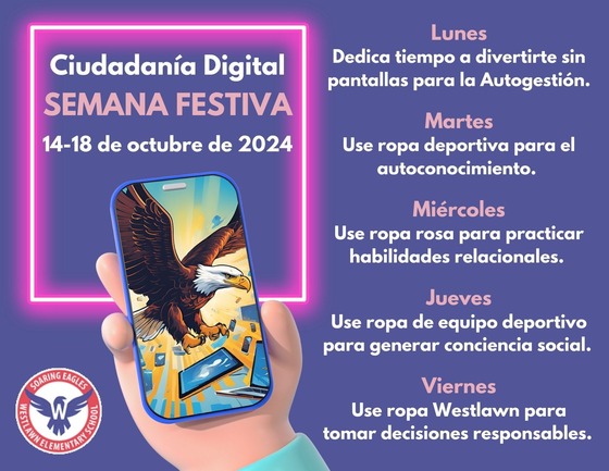 Digital Citizenship Spirit Week days and themes in Spanish; the text is available on the school website for screen readers and language selectors