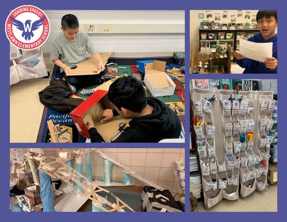 collage of images of the makerspace cart, students using materials from the cart, and students’ finished creations