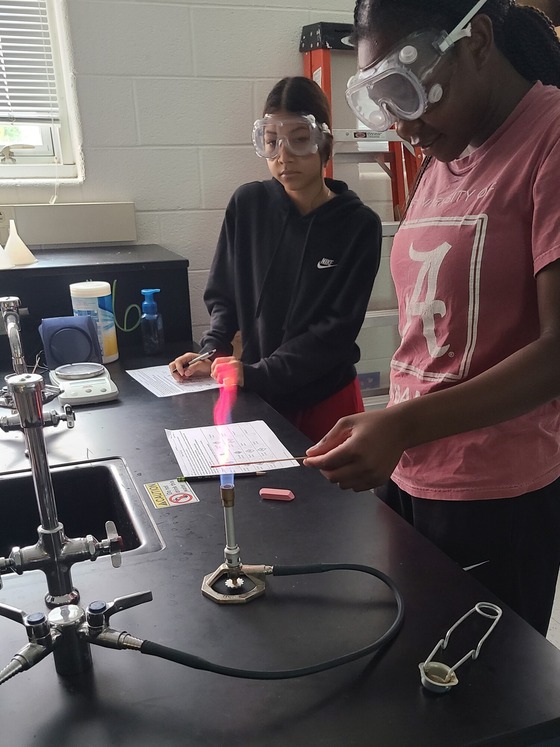 Chemistry students participating in the flame test lab. 