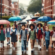 diverse public school children walking between school buildings in a line in the rain with umbrellas