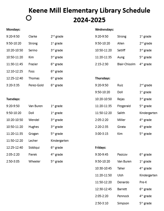 Keene Mill Library Schedule