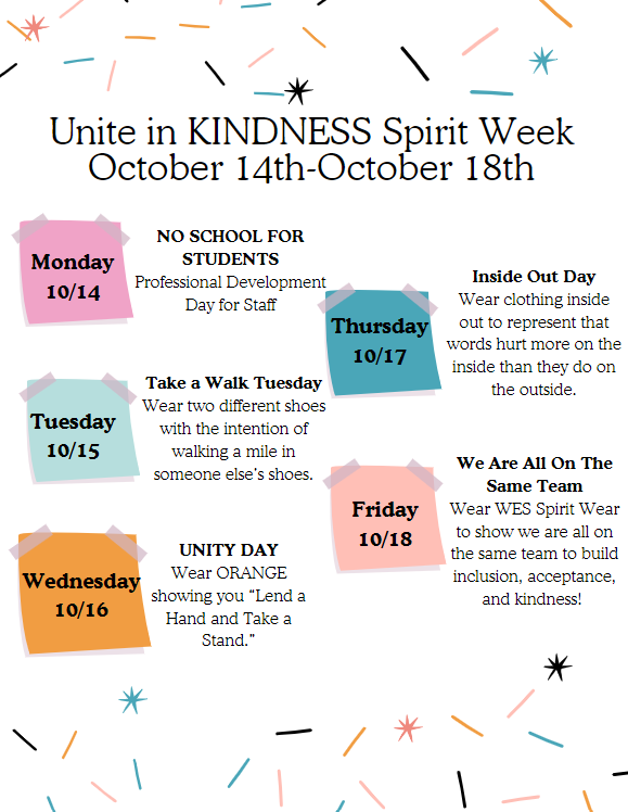 Unite in KINDNESS Spirit Week: October 14th-October 18th