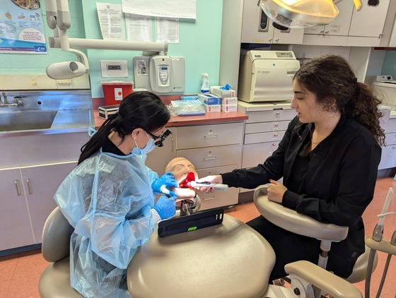 Dentist and student practicing hands-on prep for fillings