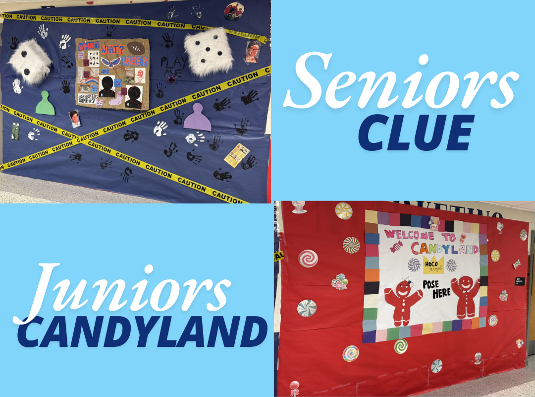 Decorated walls with themes of clue and Candyland